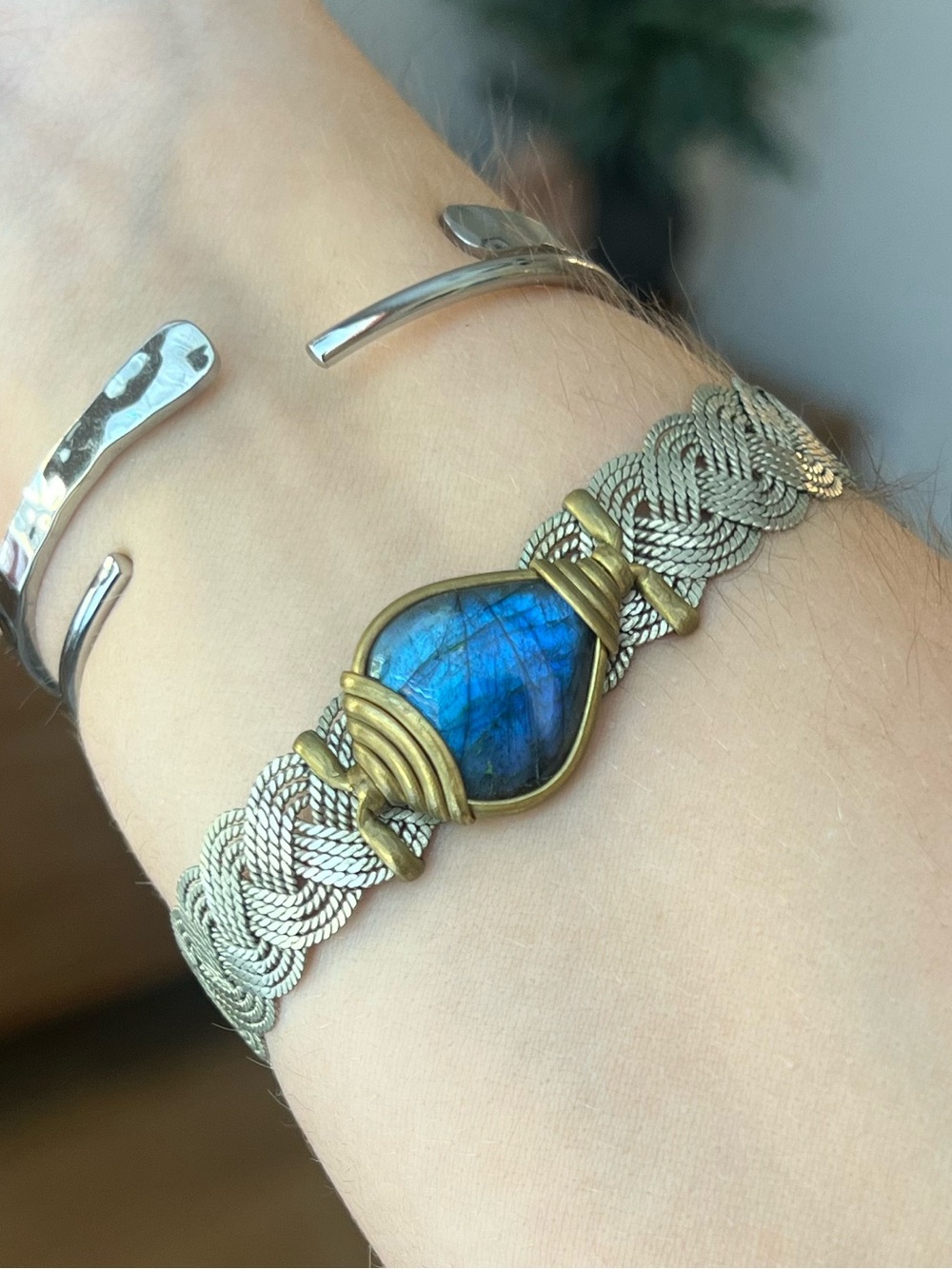 Prague Handwoven Silver-Tone Bracelet with Blue Labradorite Center